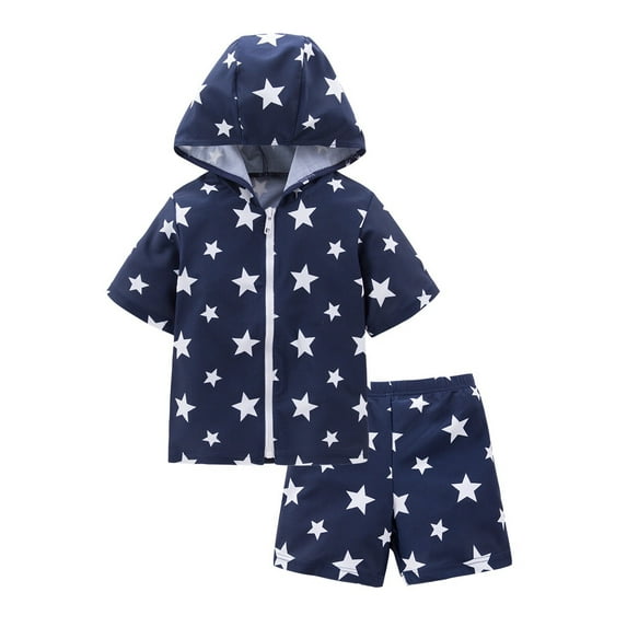 Kids Boys Chic Cartoon Animals Printed Rash Guard with Hat 3pcs Swimsuit Pool Party Swimwear Beach Bathing Suit (Blue Stars, 5)