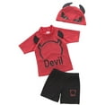 thumbnail image 1 of Kids Boys Chic Cartoon Animals Printed Rash Guard with Hat 3pcs Swimsuit Pool Party Swimwear Beach Bathing Suit (Devil, 2T), 1 of 5