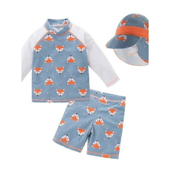 Kids Boys Chic Cartoon Animals Printed Rash Guard with Hat 3pcs Swimsuit Pool Party Swimwear Beach Bathing Suit (Foxes, 4T)