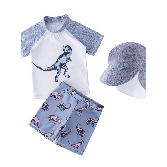 Kids Boys Chic Cartoon Animals Printed Rash Guard with Hat 3pcs Swimsuit Pool Party Swimwear Beach Bathing Suit (Grey Dinosaur, 7)