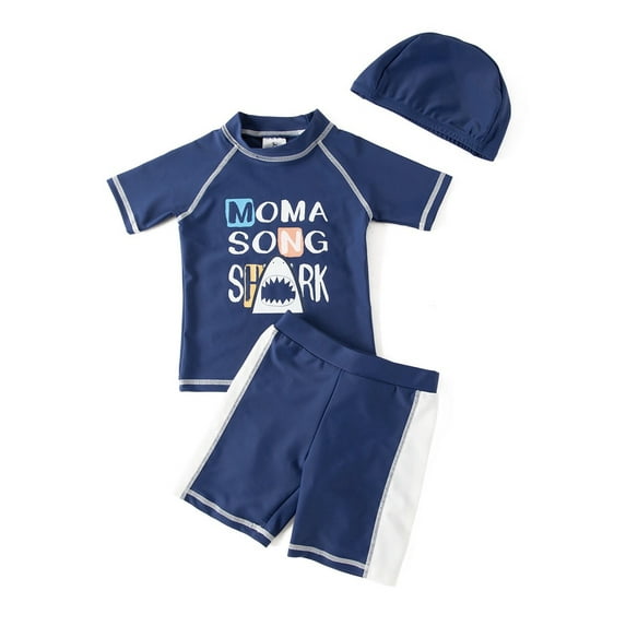 Kids Boys Chic Cartoon Animals Printed Rash Guard with Hat 3pcs Swimsuit Pool Party Swimwear Beach Bathing Suit (Moma Song Shark Navy, 2T)