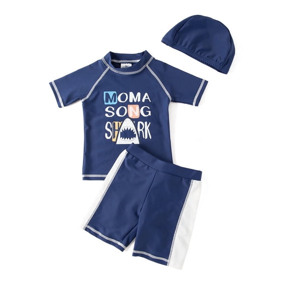 Kids Boys Chic Cartoon Animals Printed Rash Guard with Hat 3pcs Swimsuit Pool Party Swimwear Beach Bathing Suit (Moma Song Shark Navy, 6)
