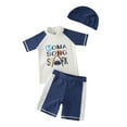 thumbnail image 1 of Kids Boys Chic Cartoon Animals Printed Rash Guard with Hat 3pcs Swimsuit Pool Party Swimwear Beach Bathing Suit (Moma Song Shark White, 4T), 1 of 3