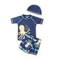 thumbnail image 1 of Kids Boys Chic Cartoon Animals Printed Rash Guard with Hat 3pcs Swimsuit Pool Party Swimwear Beach Bathing Suit (Octopus, 2T), 1 of 4