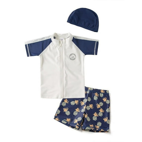 Kids Boys Chic Cartoon Animals Printed Rash Guard with Hat 3pcs Swimsuit Pool Party Swimwear Beach Bathing Suit (White and Pineapples, 7)