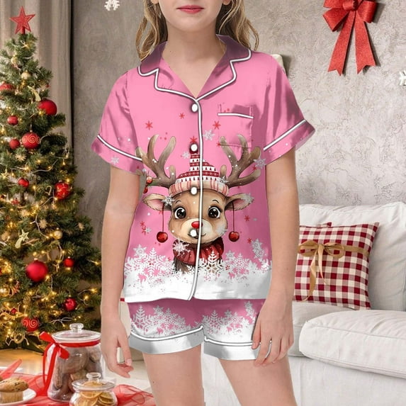 Kids Boys Christmas Pajamas Pink Silk Pj Set Button-Down Top With Pants 2 Piece Christmas Outfit Kids 6-7 Years Pajamas Girls