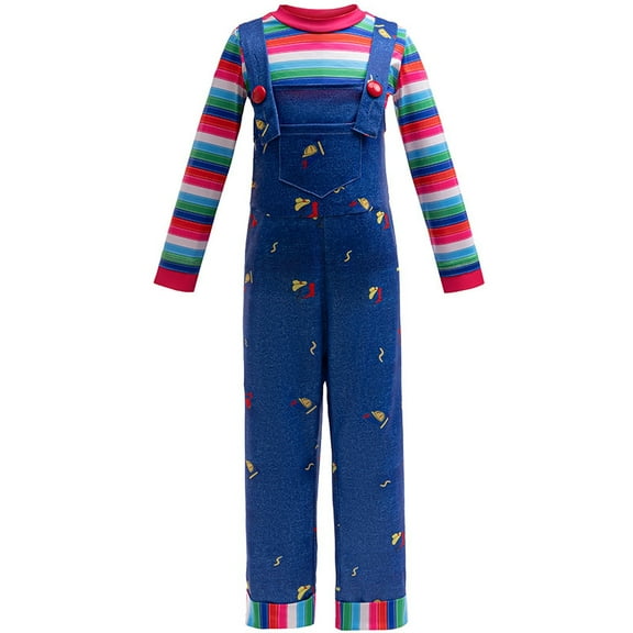 Kids Boys Chucky Costume Rainbow Stripe Jumpsuit Good Guys Cosplay Outfit Overalls