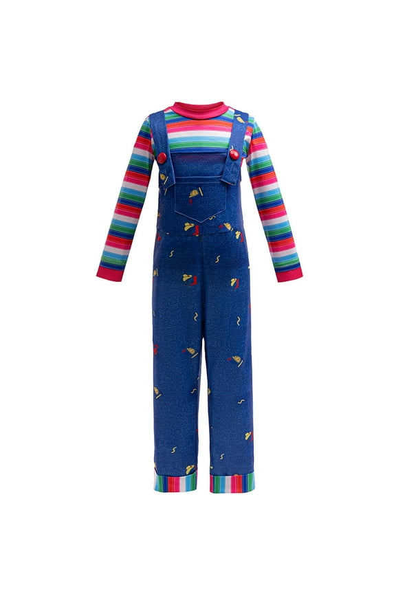 Kids Boys Chucky Costume Rainbow Stripe Jumpsuit Good Guys Cosplay Outfit Overalls