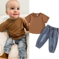 thumbnail image 1 of Kids Boys Clothes Sets 2pcs Solid Short Sleeve Pullover T Shirts+Elastic Denim Ripped Pants, 1 of 8