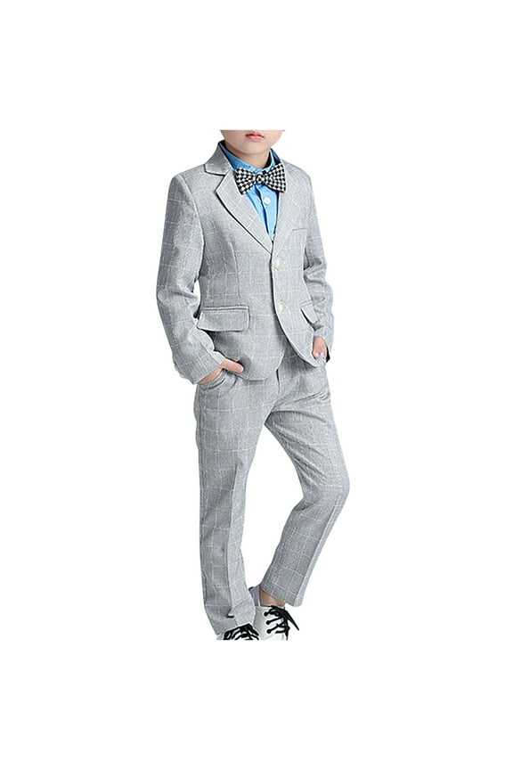 Kids Boys Color Blocked Shirt Jacket Long Pants Tie Set for Special Occasions Formal Wear Stylish Outfit for Celebrations, Parties, and Photography Gray 100