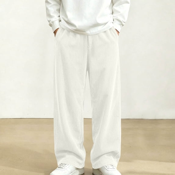 Kids Boys Corduroy Sweatpants Drawstring Joggers Casual Fleece Wide Leg Sweatpants Elastic Low Waist Straight Pants with Pockets White 7-8Years