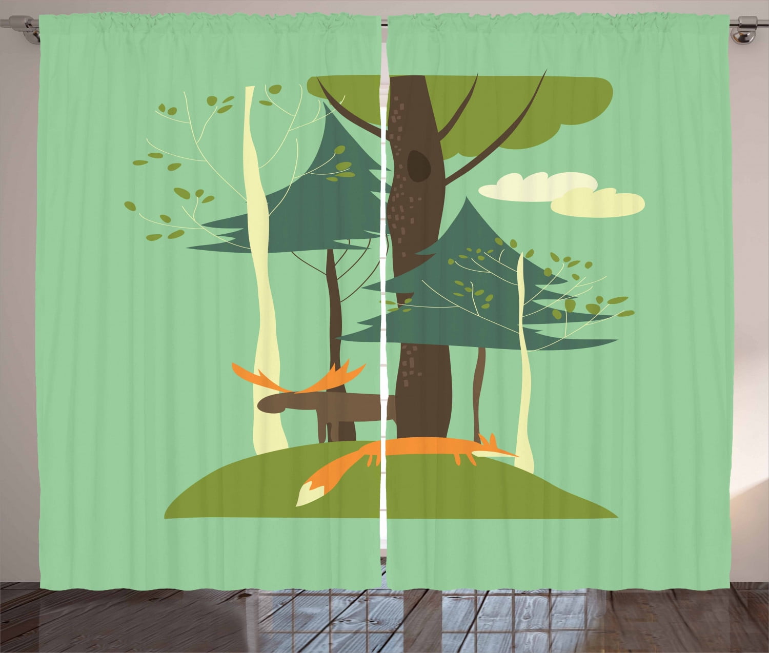 Ambesonne Cartoon Curtains 2 Panel Set, Elk and Fox in Forest, 108