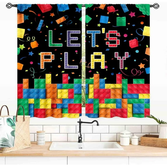Kids Boys Curtains for Bedroom, Colorful Building Blocks Toys Plastic Brick Toy Pattern Abstract Contour Printed Blackout Drapes for Boys Room Living Room Nursery Party Decor 2 Panels, 27.5x36 Inch