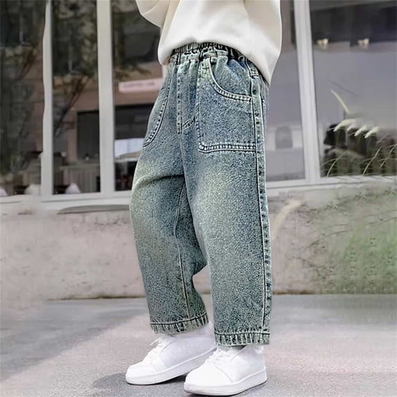 Kids Boys Denim Jeans Adjustable Elastic Waistband Blue Slim Fit Jeans for Boys Reinforced Knee Detail Durable Play Clothes Kids Jeans Size 9-10 Years