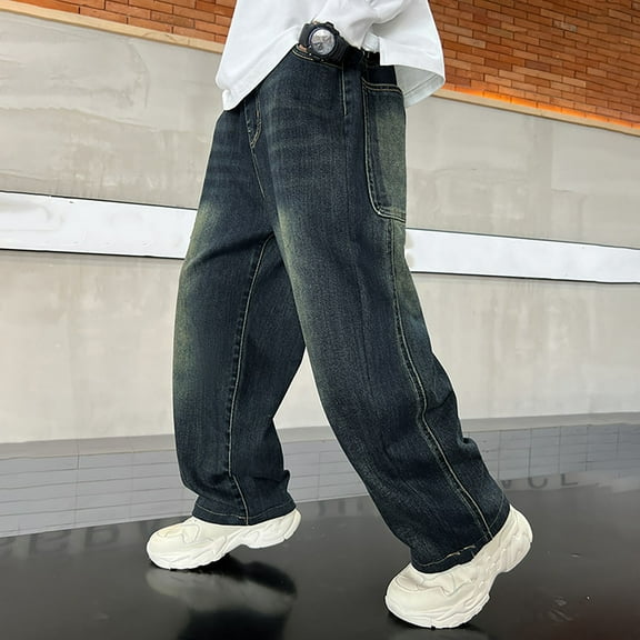 Kids Boys Denim Pants Baggy Cargo Pants High Elastic Waisted Straight with Pocket Classic Fit Casual Boy Clothes 9-10 Years