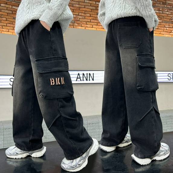 Kids Boys Baggy Jeans Cargo Jogger Pants Elastic Waist Straight with Pocket Classic Fit Pull-On 9-10 Years Baby Boy Clothes