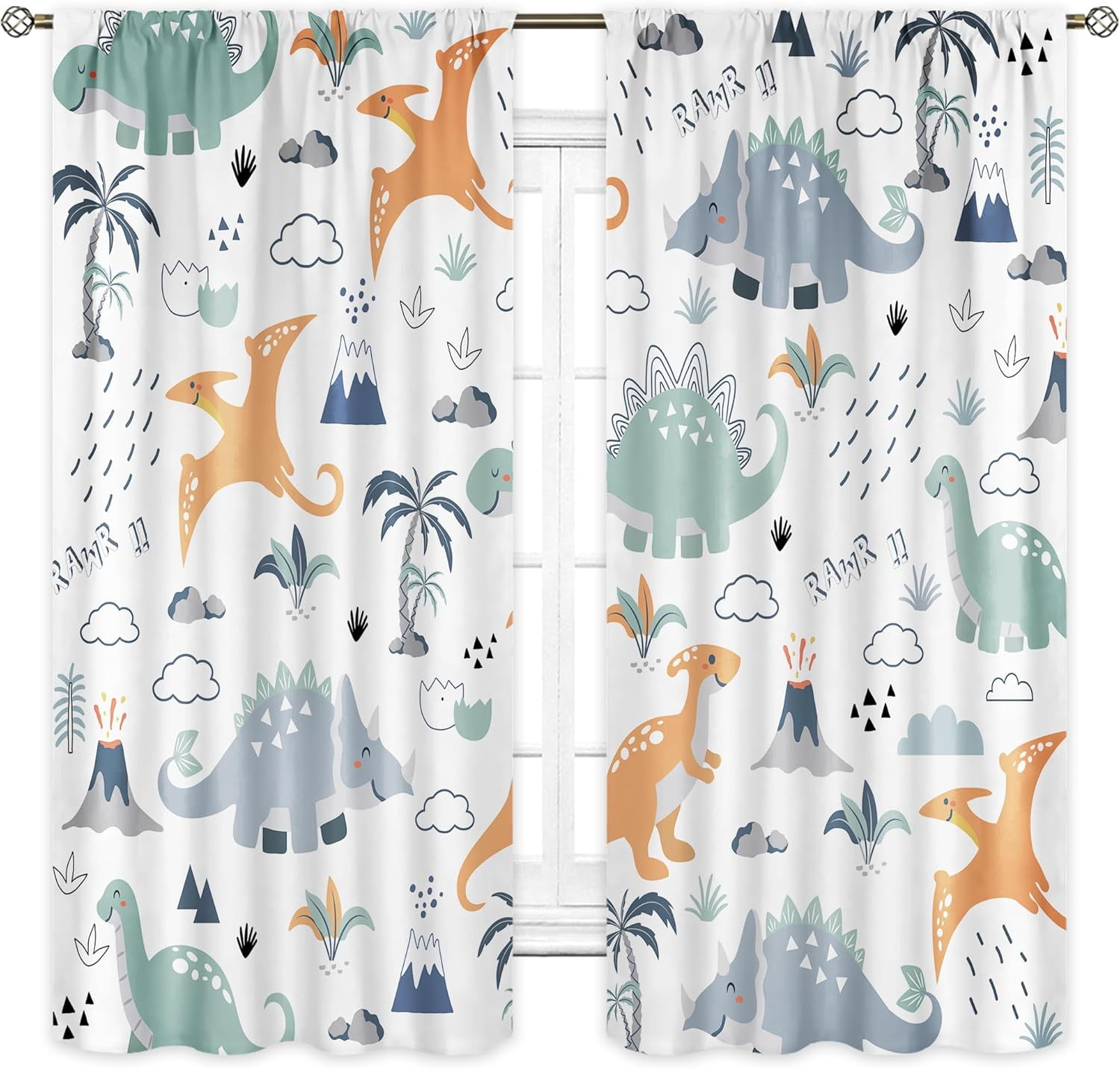 Kids Boys Dinosaur Curtains 42Wx63H Inch Rod Pocket Cartoon Dino ...