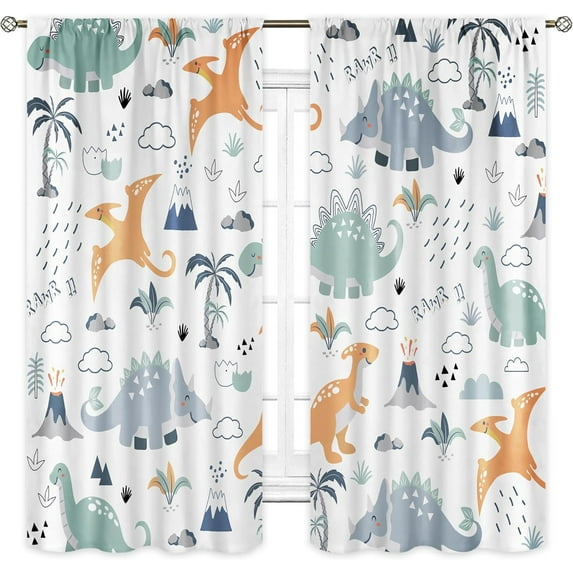 Kids Boys Dinosaur Curtains 42Wx63H Inch Rod Pocket Cartoon Dino Tropical Jungle Safari Animal Nursery Art Printed Cute Volcano Living Room Bedroom Window Drapes Treatment Fabric 2 Panels