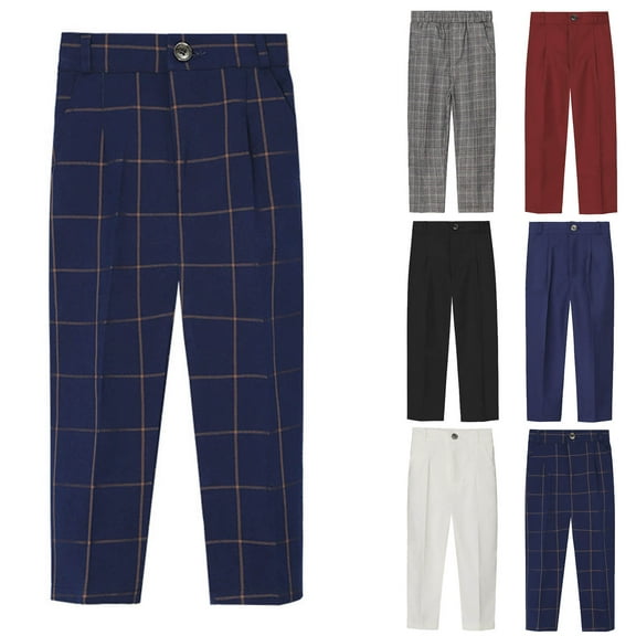 Kids Boys Dress Pants Flat-Front Button Straight Leg Plaid School Uniform Trousers with Pockets Toddler Solid Color Casual Pants 2025 Fall Winter,Sizes 18M-13Y