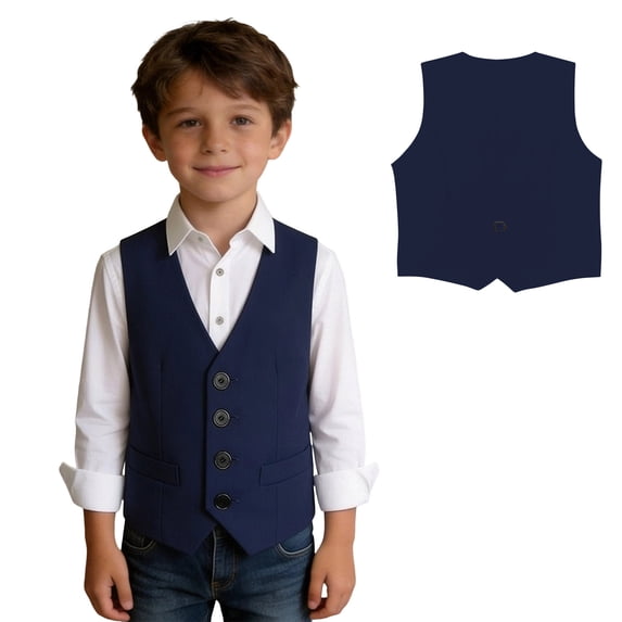 Kids Boys Dress Shirts Navy Vest Elegant Adjustable Back Strap Boys Uniform 7-8 Years