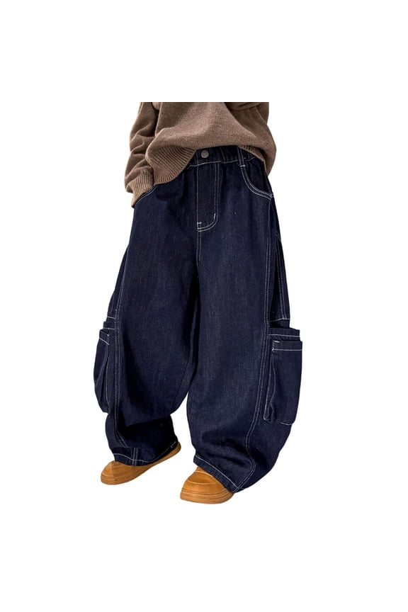 Kids Boys Fashion Jeans Dark Blue Boys Wide Leg Jeans Zipper Fly Straight Leg Jeans Distressed Denim for Daily Wear 4-5 Years