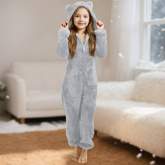 Kids Boys Fluffy Jumpsuit - Thermal Bear Hooded Jumpsuit Romper Toddler Winter Clothes Kids Girl Clothes 5-6 Years
