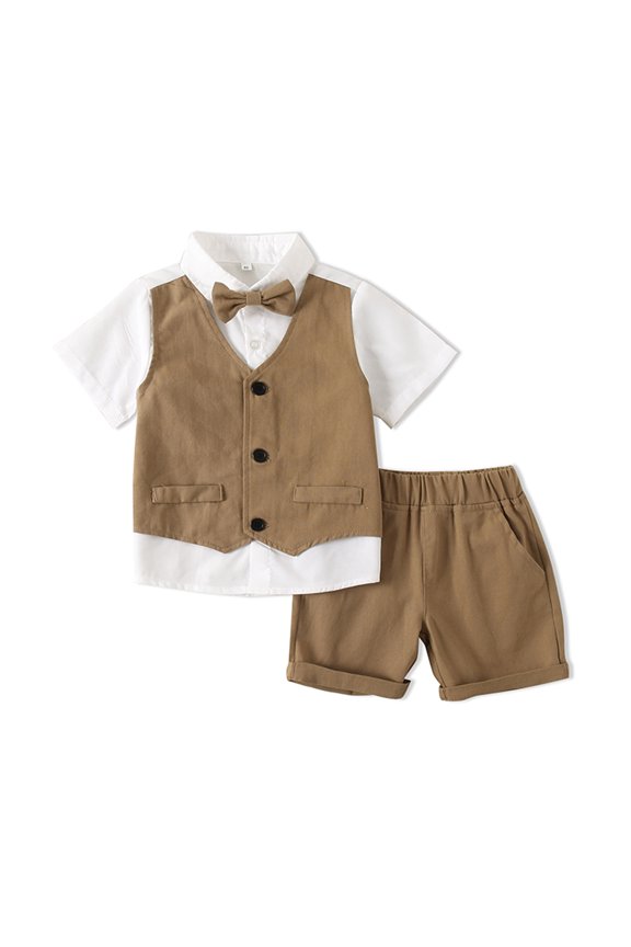Kids Boys Gentleman Clothes Outfits 12M 18M 2Y 3Y 4Y 5Y Patchwork Bowtie Short Sleeve Blazer Waistcoat Shirts Shorts 2Pcs Suit