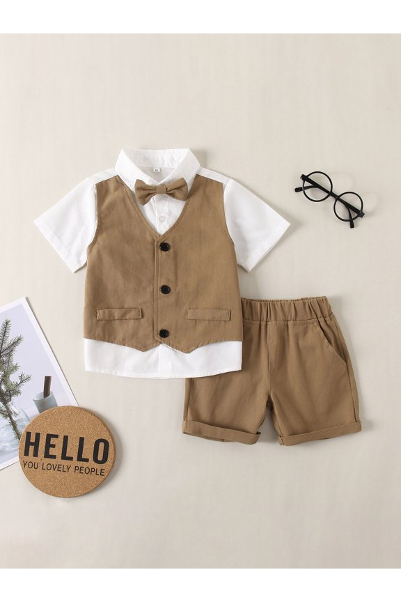 Kids Boys Gentleman Clothes Outfits Patchwork Bowtie Short Sleeve Blazer Waistcoat Shirts Solid Color Shorts 2Pcs Suit