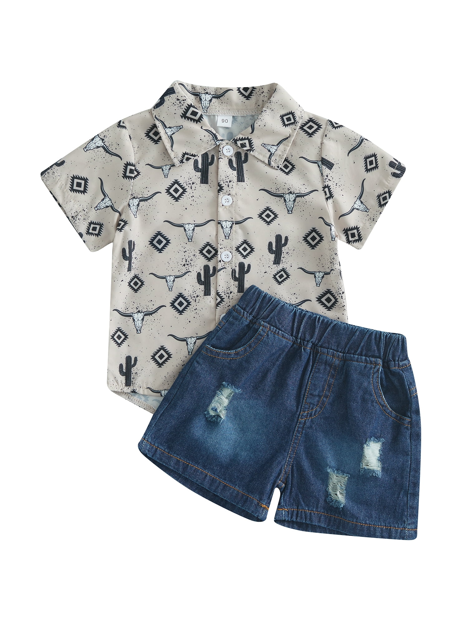 Boys Casual Striped Summer Outfit – Printed T-Shirt & Denim Shorts Set