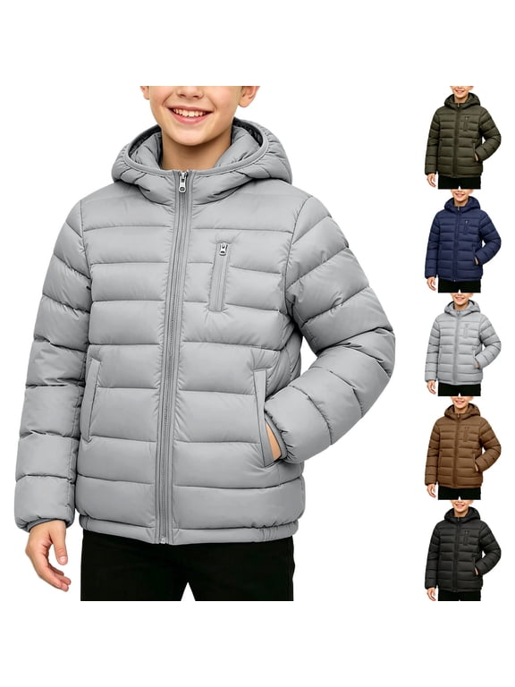 Kids Boys Girl Winter Coat Fleece Lined Waterproof Jacket Puffy Cotton Coat Thick Hooded Down Outdoor Coats Unisex Kids Light Puffer Jacket Full Zip Quilted Warm Outer Coat 1-17 Years