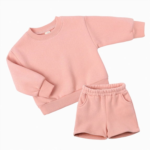 Kids Boys Girls 2 Piece Fleece Outfit Set 12 18 24 Months 2T 3T 4T 5T 6T Solid Color Long Sleeve Crewneck Sweatshirt & Elastic Waist Shorts Warm Lined Casual Tracksuit Pink Size 5-6 Years