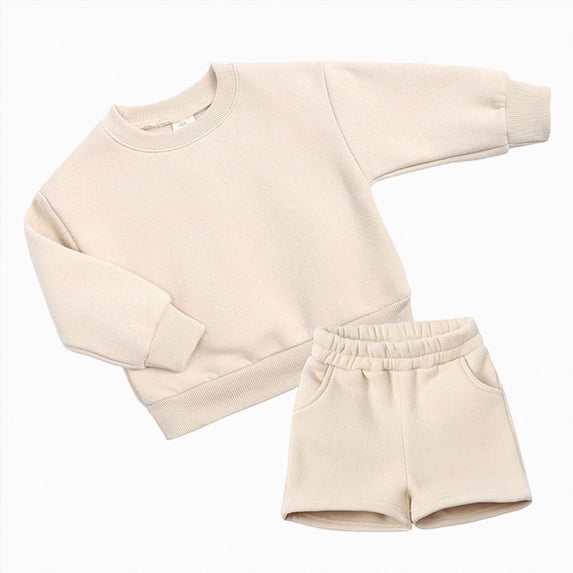 Kids Boys Girls 2 Piece Fleece Outfit Set Solid Color Long Sleeve Crewneck Sweatshirt & Elastic Waist Shorts Warm Lined Casual Tracksuit 9-10 Years Khaki