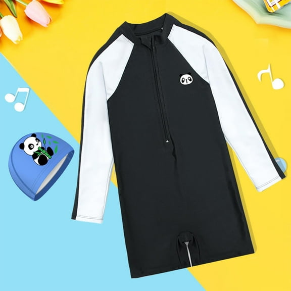 Kids Boys Girls 2 Piece Rash Guard Swimsuits Long Sleeve and Hat UPF 50  Surfing Swimwear Black 4-5 Years