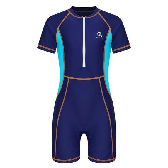 Kids Boys Girls Athletic One Piece Swimsuit Short Sleeve Boyleg Swimwear Zipper Front Bathing Suit Navy Blue 11-12