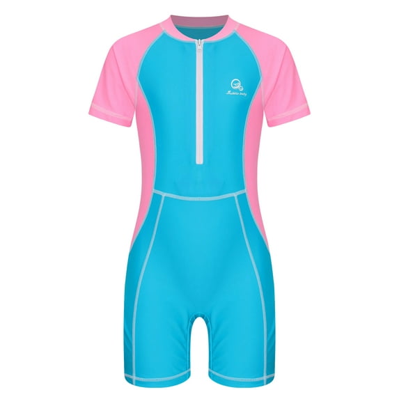 Kids Boys Girls Athletic One Piece Swimsuit Short Sleeve Boyleg Swimwear Zipper Front Bathing Suit Pink Blue 9-10