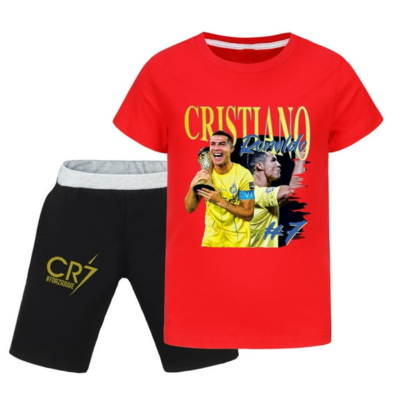 Kids Boys Girls CR7 Cristiano Ronaldo Football Star Cartoon Graphics Printed Costume T-Shirts Summer Short Sleeve&Short Pants 2 Piece Shirtsuit Party Tops Cotton Tees Outfit Set Clothes Gifts 3-13
