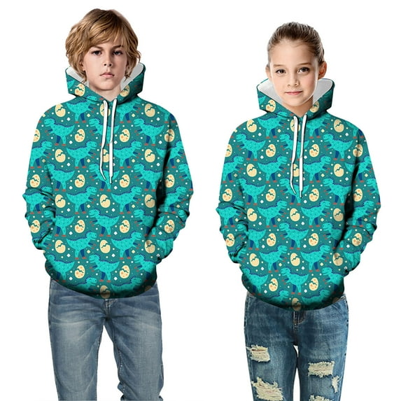 Kids Boys Girls Christmas Hoodies Sweaters 3D Printed Dinosaur Casual Hooded Sweatshirts With Pockets Size 5-6T