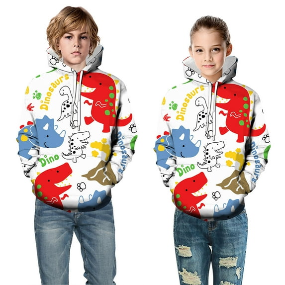 Kids Boys Girls Christmas Hoodies Sweaters 3D Printed Dinosaur Casual Hooded Sweatshirts With Pockets Size 8-9T