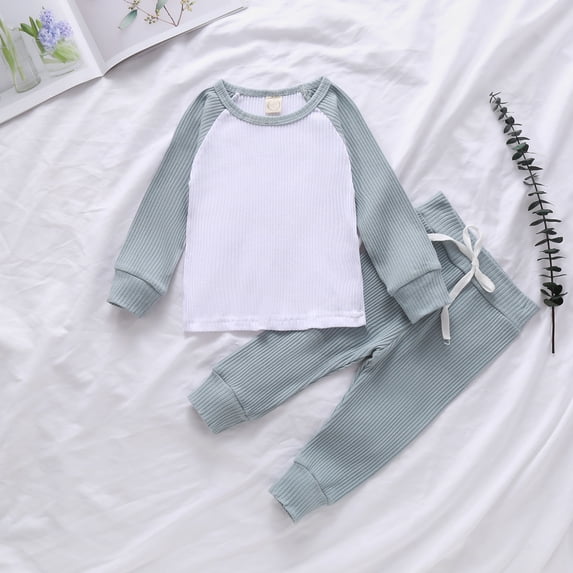 Kids Boys Girls Cotton Tracksuit Outfit Ribbed Long Sleeve O-neck T-shirt Tops Pants Toddler Baby Boys Girls Clothes Set