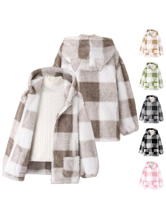 Kids Boys Girls Cozy Buffalo Plaid Fuzzy Fleece Hooded Jacket With Zip Up Front For Winter Warm Outdoor Casual Coat 10-11 Years Outerwear Streetwear