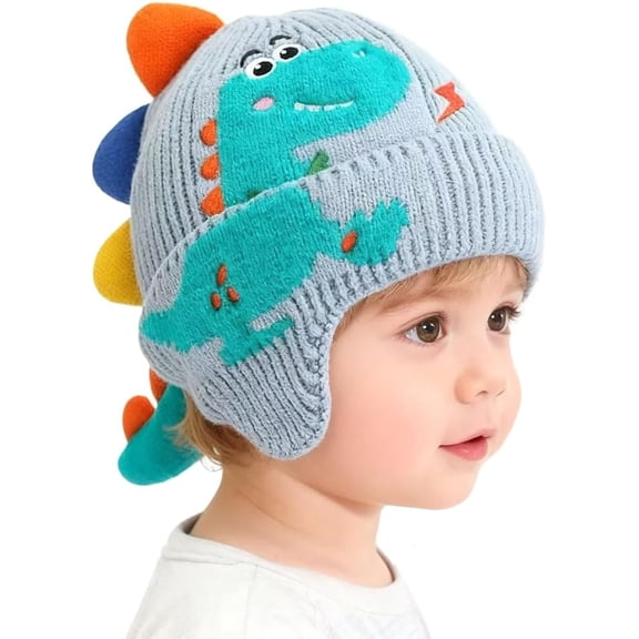 Kids Boys Girls Dinosaur Winter Knit Hat Baby Toddler Thick Scarf Earflap Hood Scarves Skull Caps
