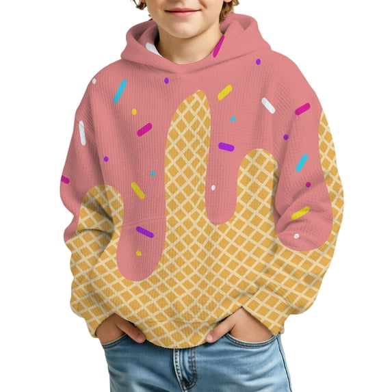 Kids Boys Girls Dripping Ice Cream Sprinkle Print Waffle Knit Hoodie Long Sleeve Hooded Sweatshirt With Front Pocket Casual Tops For Teen 4-14 Years