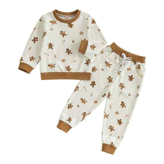 Kids Boys Girls Fall Outfits Gingerbread Man Print Long Sleeve Sweatshirts and Long Pants 2Pcs Christmas Clothes Set