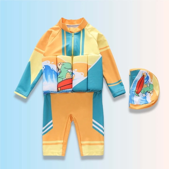 Kids Boys Girls Floatation Swimsuit with Cap Baby Float Suit Swim Vest One Piece Swimwear Bathing Suit Yellow 2-3 Years