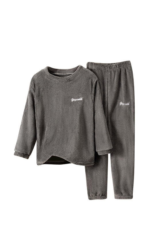 Kids Boys Girls Fuzzy ??ajamas Set Winter Flannel Fleece Outfits Sweatsuit Toddler Solid Crewneck Tops Pants Warm Slee??wear