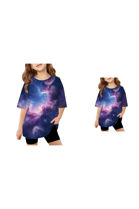 Kids Boys Girls Galaxy Print Short Sleeve T-Shirt Loose Fit Casual Graphic Tee for Children Youth – Comfortable Top Neon Colors Animal Print 4–16 Years