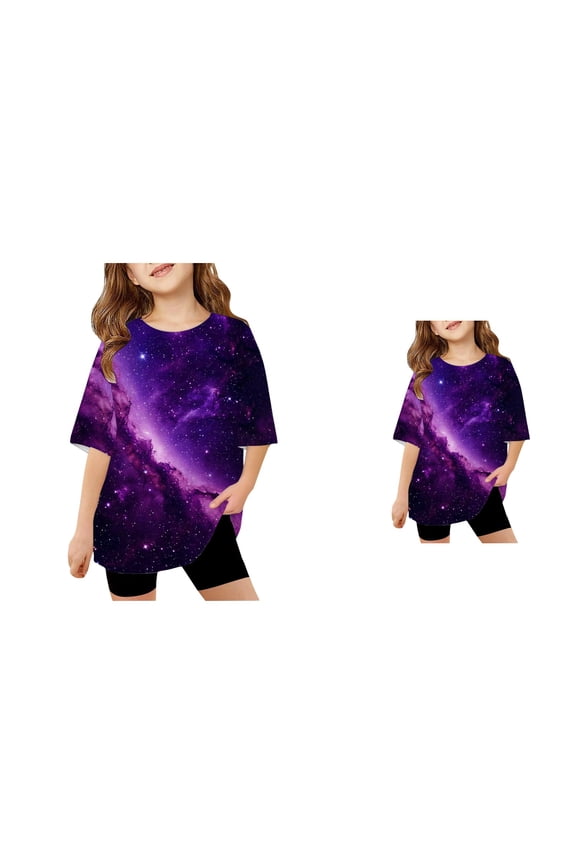 Kids Boys Girls Galaxy Print Short Sleeve T-Shirt Loose Fit Casual Graphic Tee for Children Comfortable Blend Top