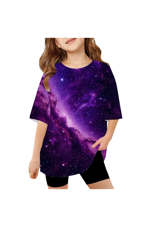 Kids Boys Girls Galaxy Print Short Sleeve T-Shirt Loose Fit Casual Graphic Tee for Children Comfortable Blend Top