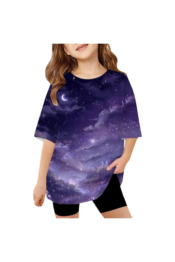 Kids Boys Girls Galaxy Print Short Sleeve T-Shirt Loose Fit Casual Graphic Tee for Children Comfortable Blend Top
