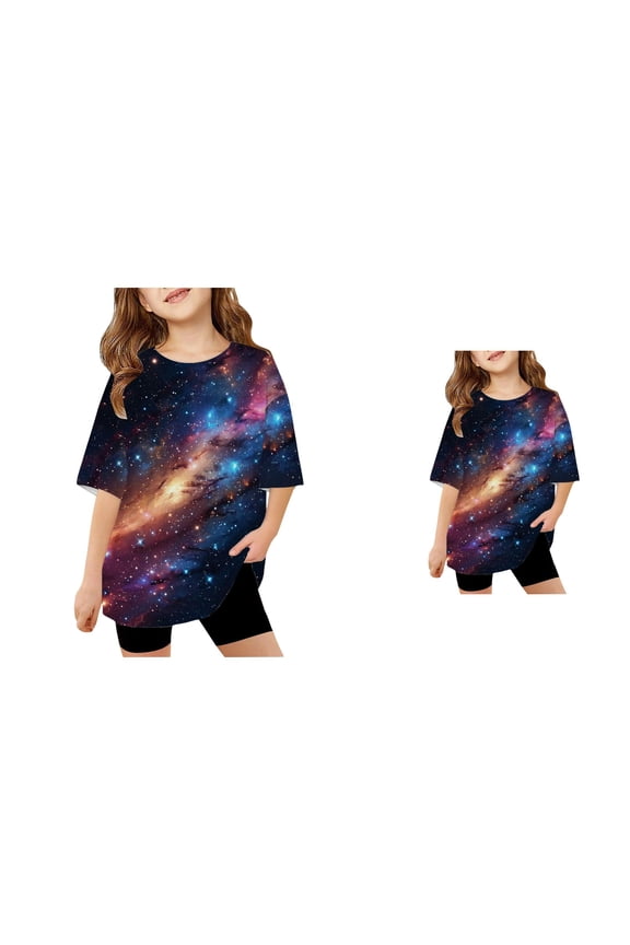 Kids Boys Girls Galaxy Print Short Sleeve T-Shirt Loose Fit Casual Graphic Tee for Children Youth Comfortable Blend Top